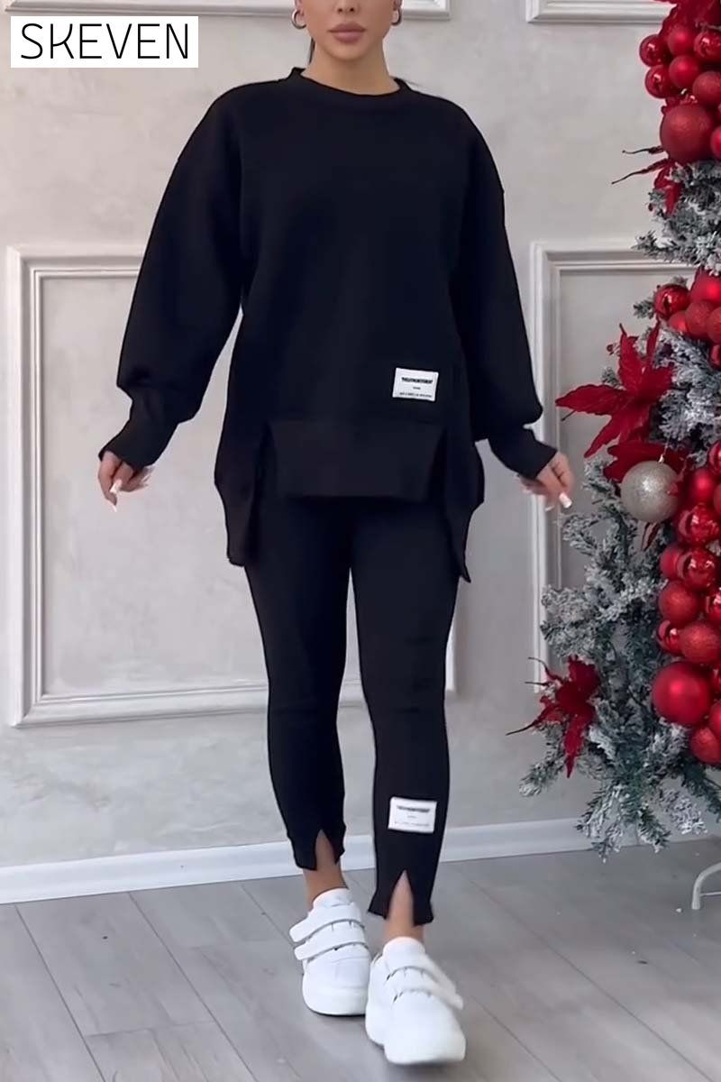 Women's Casual Solid Color Round Neck Long Sleeve Slit Hem Sweatshirt Leggings Set suit two-piece set