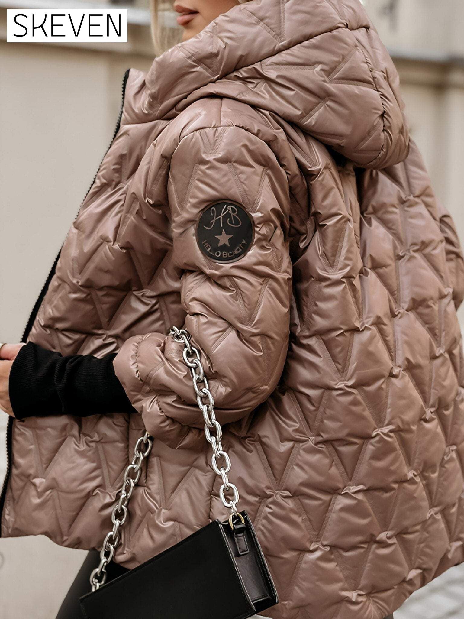 Women's Hooded Long-sleeved Autumn and Winter Diamond Patchwork Cotton Jacket Coats Tops