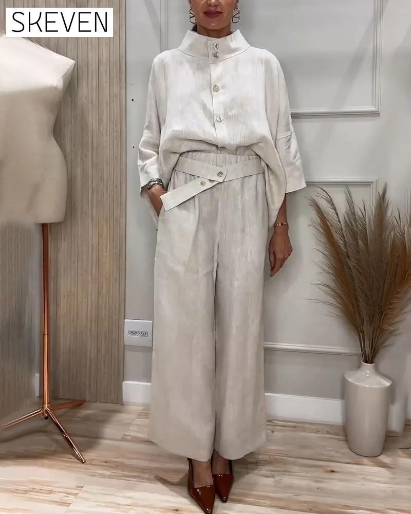 Stand Collar Design Casual Cotton and Linen Two-piece Set Set