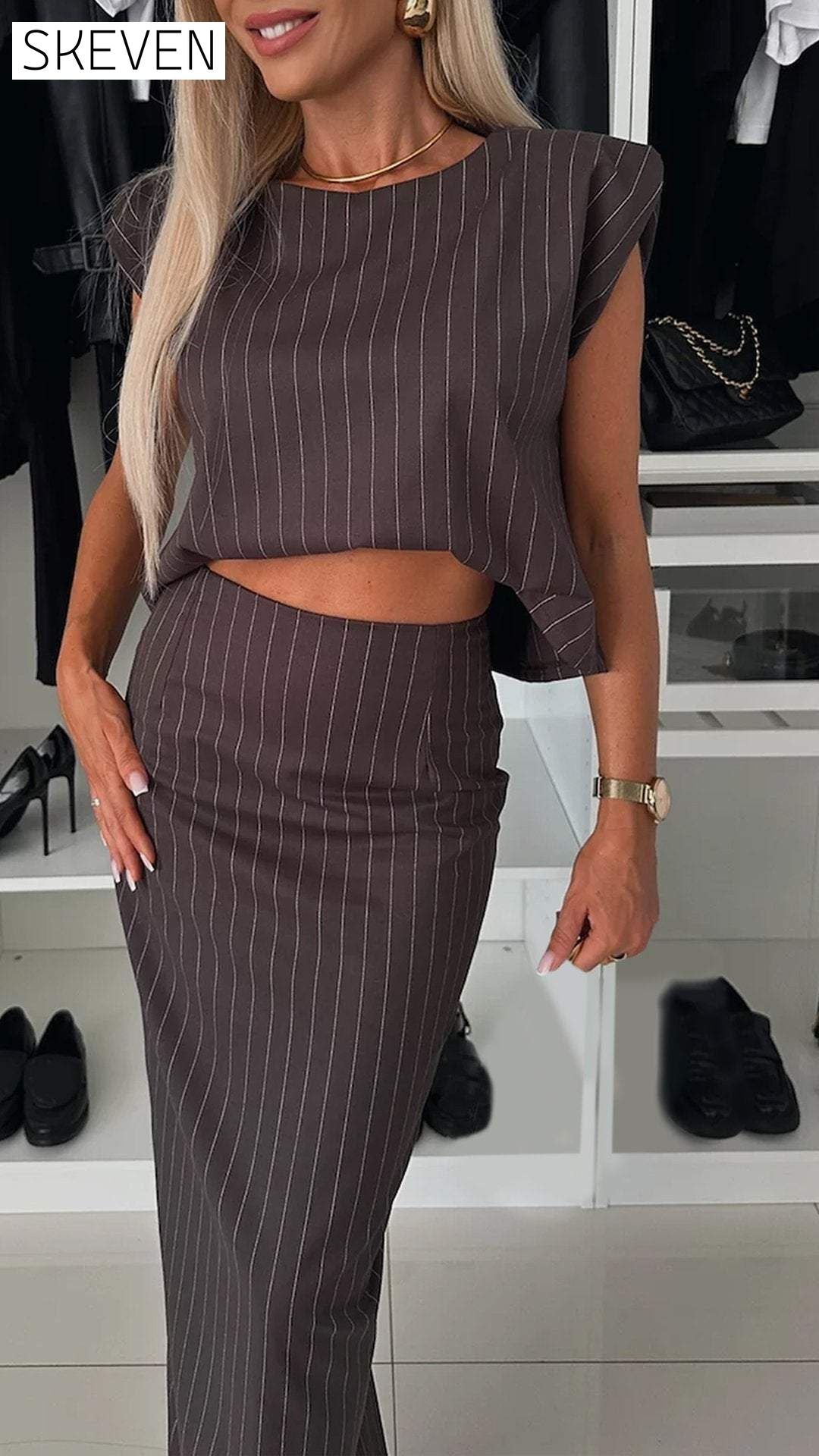 Women's Sleeveless Striped Elegant Commuter Suit Set