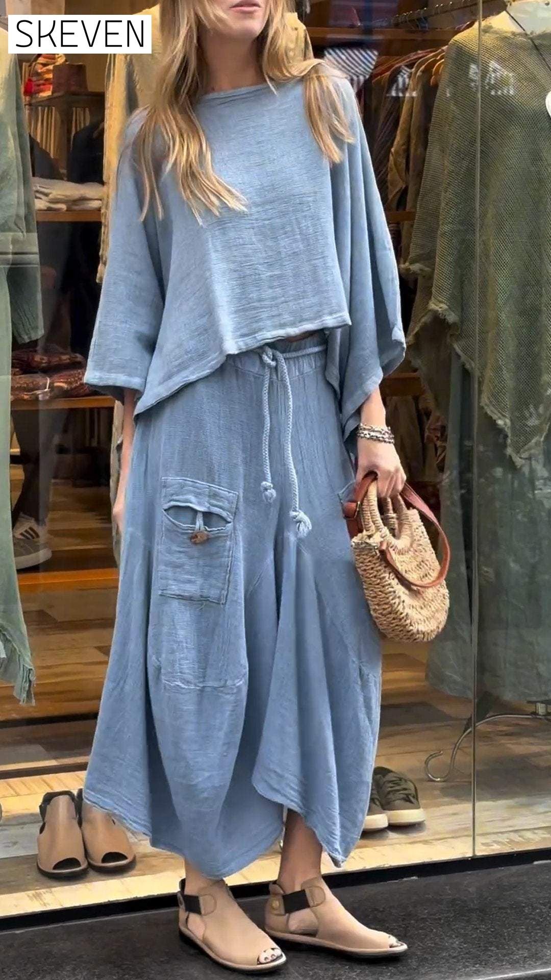 Women's Round Neck Mid-length Sleeve Casual Cotton and Linen Suit Suit