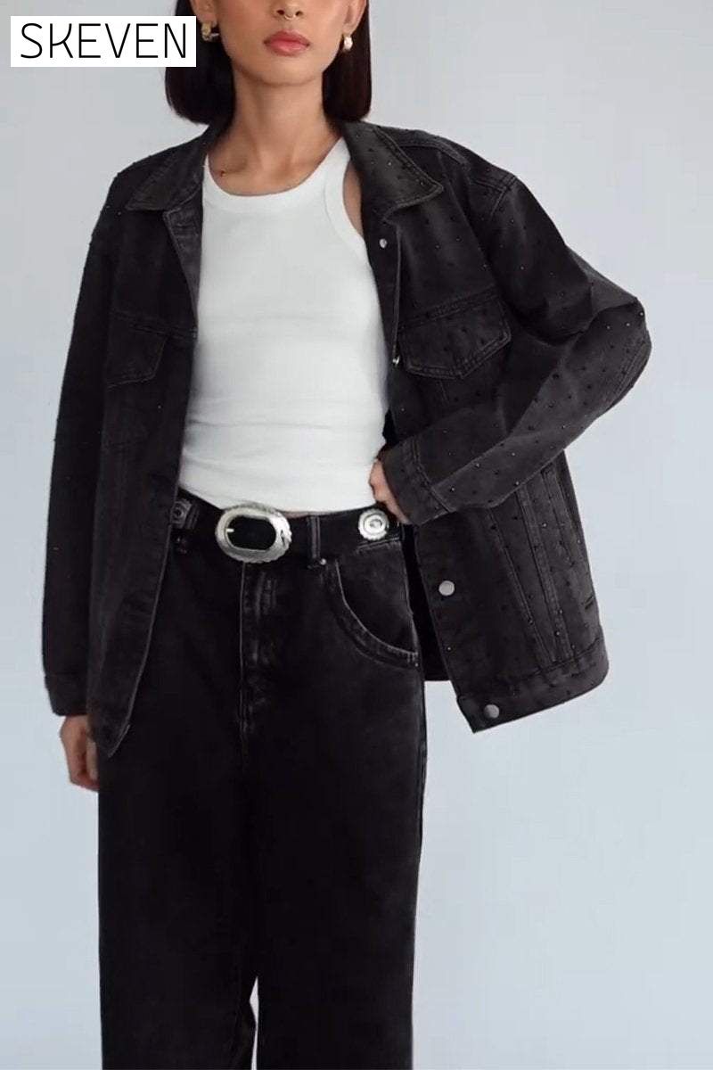 Women's Casual Lapel Single-breasted Shiny Denim Jacket Coats Cotton Top