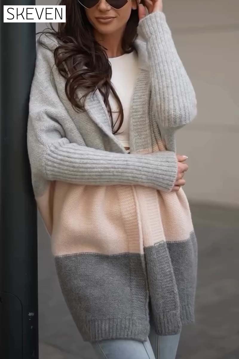 Women's Casual Contrast Color Hooded Sweater Cardigan Cardigans Coats Tops