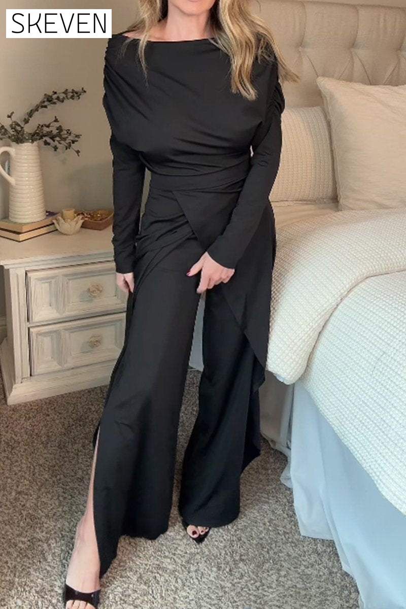 Women's One-shoulder Long-sleeved Split Design Temperament Jumpsuit Sets Two piece sets