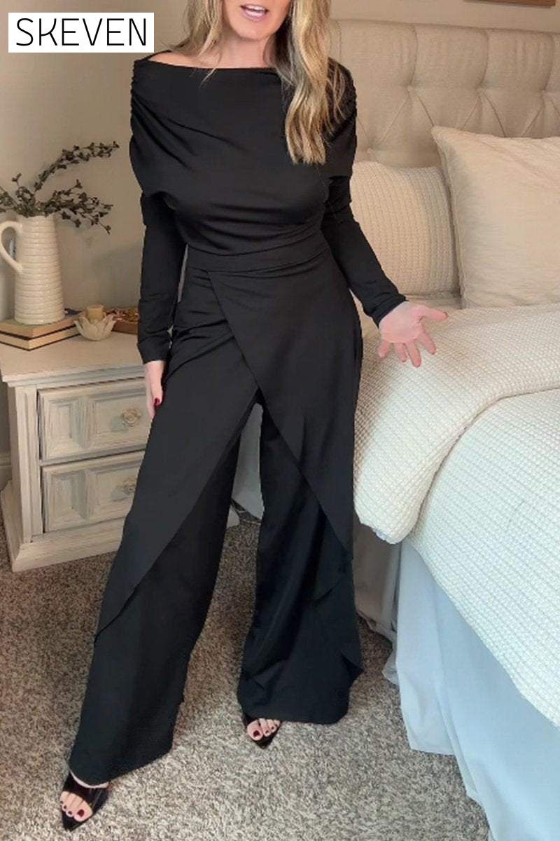 Women's One-shoulder Long-sleeved Split Design Temperament Jumpsuit Sets Two piece sets