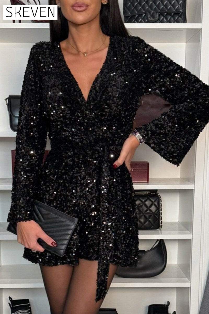 Women's V-neck Long-sleeved Sequined Temperament Jumpsuit Jumpsuit Party Dress Set