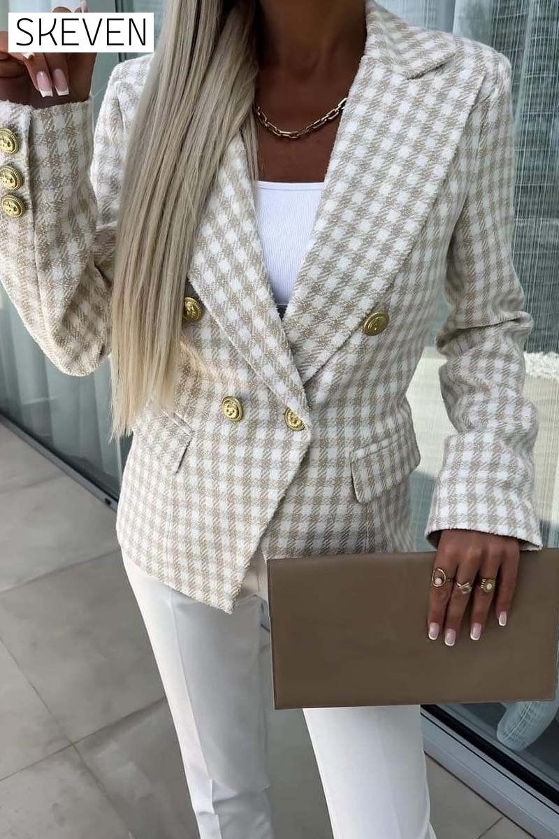 Women's Fashion Plaid Double Breasted Blazer Blazers Tops