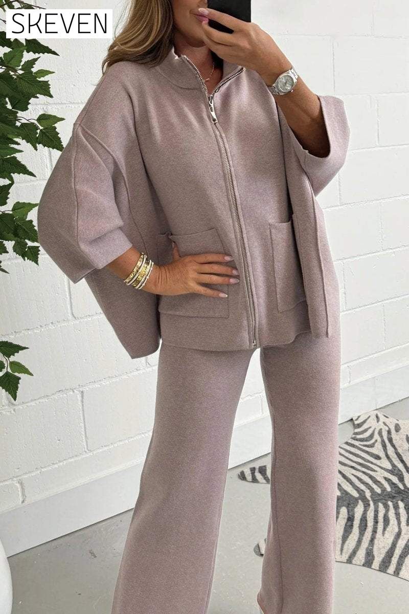 Women's Soft Knit Zip Up 3/4 Sleeve Wide Leg Trouser Co-ord Pant sets Sets Two piece sets