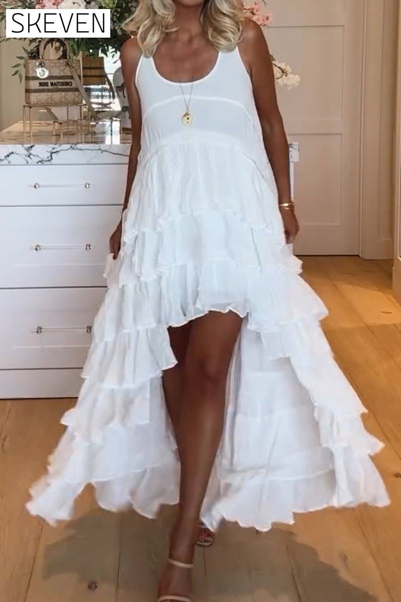 Women's cute short front and long back ruffle cake dress dress