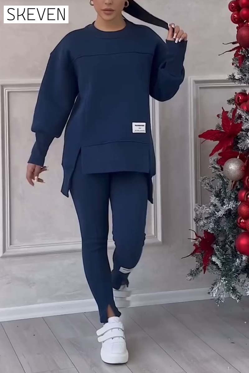 Women's Casual Solid Color Round Neck Long Sleeve Slit Hem Sweatshirt Leggings Set suit two-piece set