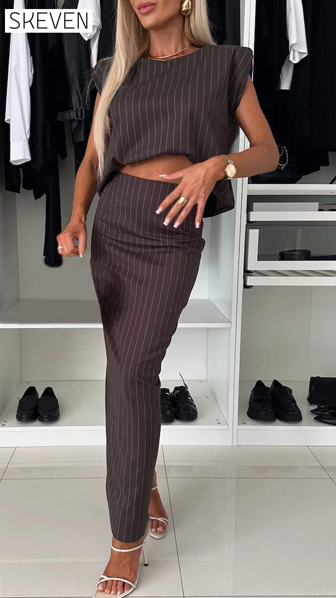 Women's Sleeveless Striped Elegant Commuter Suit Set