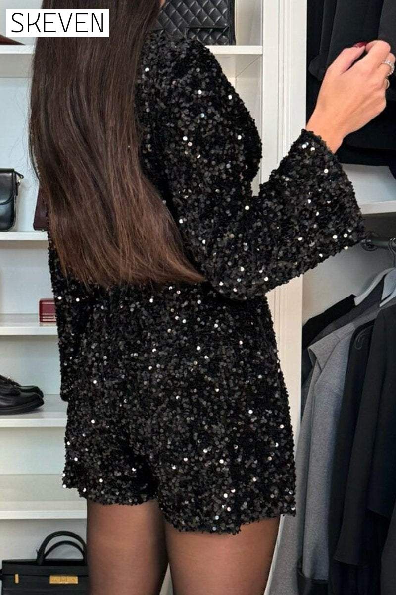 Women's V-neck Long-sleeved Sequined Temperament Jumpsuit Jumpsuit Party Dress Set