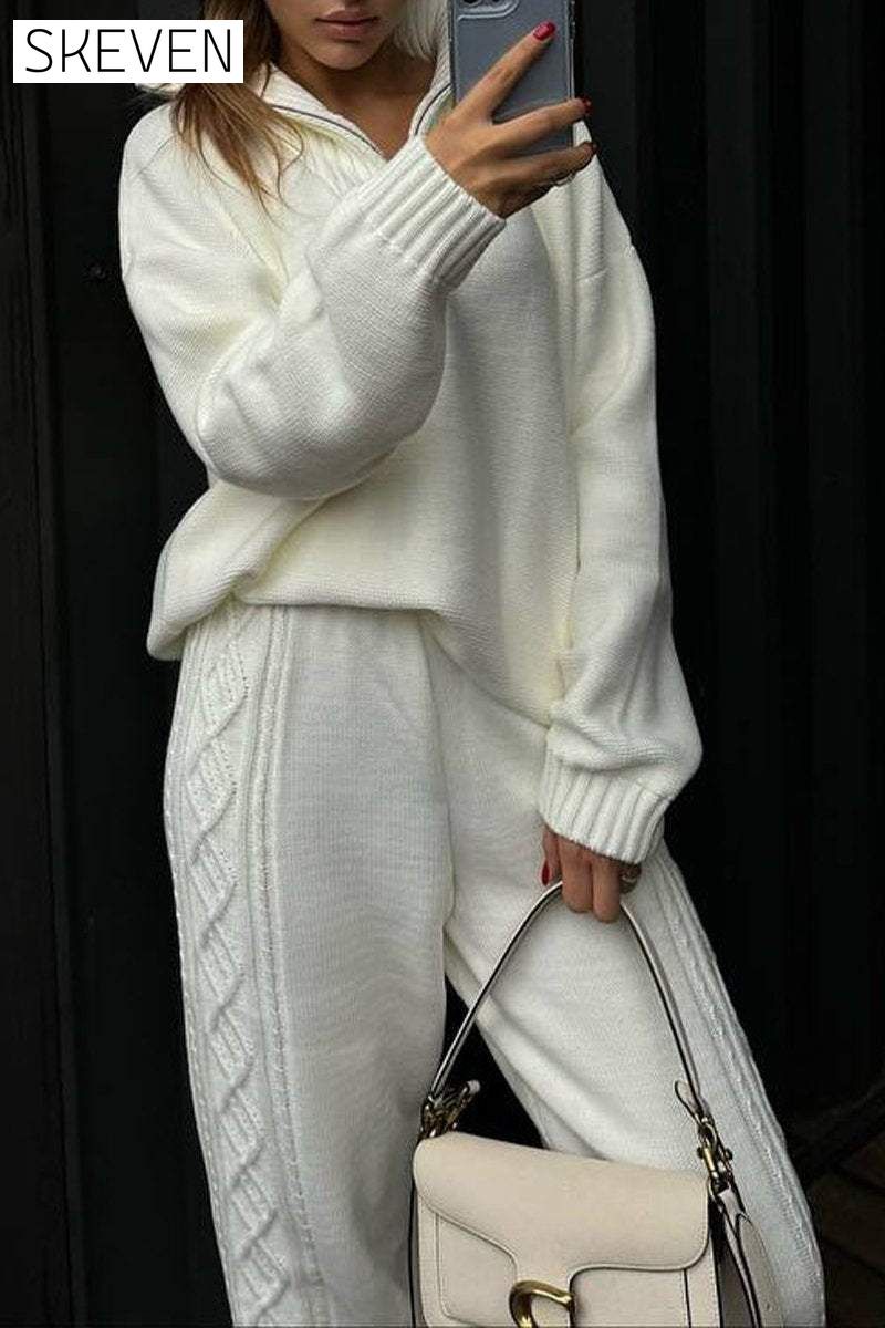 Women's Half-zip Lapel Knitted Casual Sweater Suit Set Two Piece Set