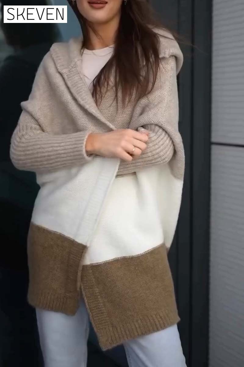 Women's Casual Contrast Color Hooded Sweater Cardigan Cardigans Coats Tops