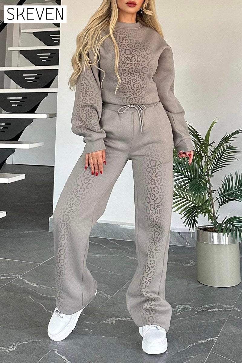 Women's Round Neck Opera Leopard Print Casual Sweatshirt Suit Sets Two piece sets