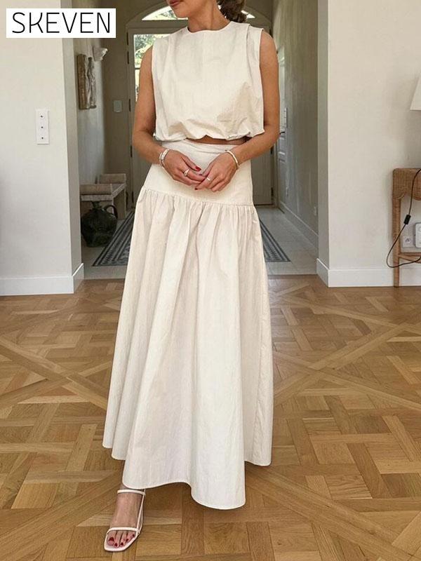 Women's Sports Solid Color Round Neck Top & - Skirt Set Set