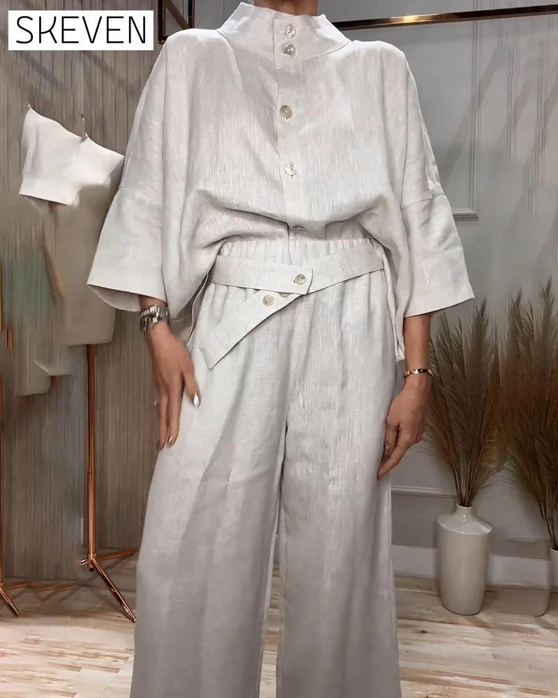 Stand Collar Design Casual Cotton and Linen Two-piece Set Set