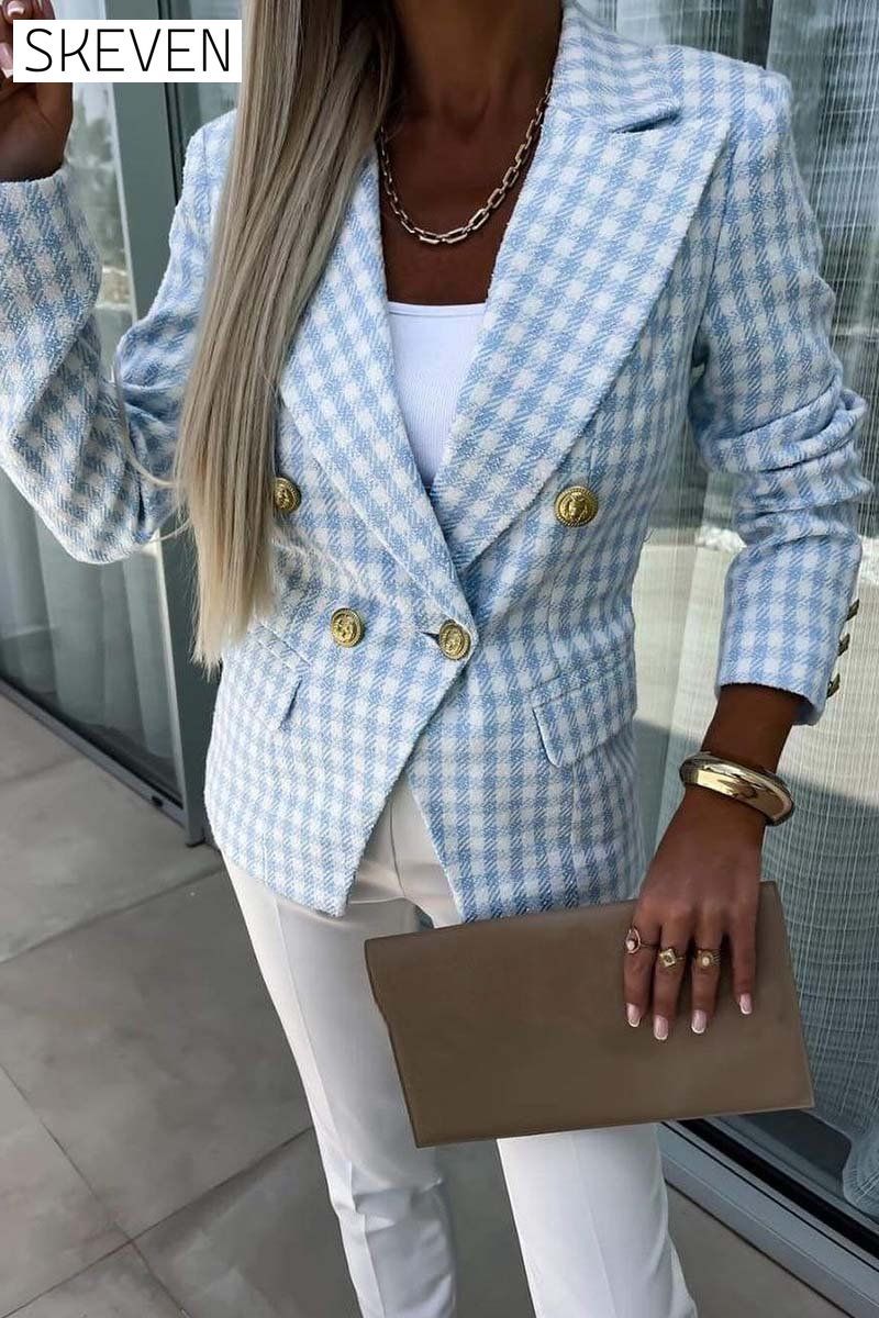 Women's Fashion Plaid Double Breasted Blazer Blazers Tops