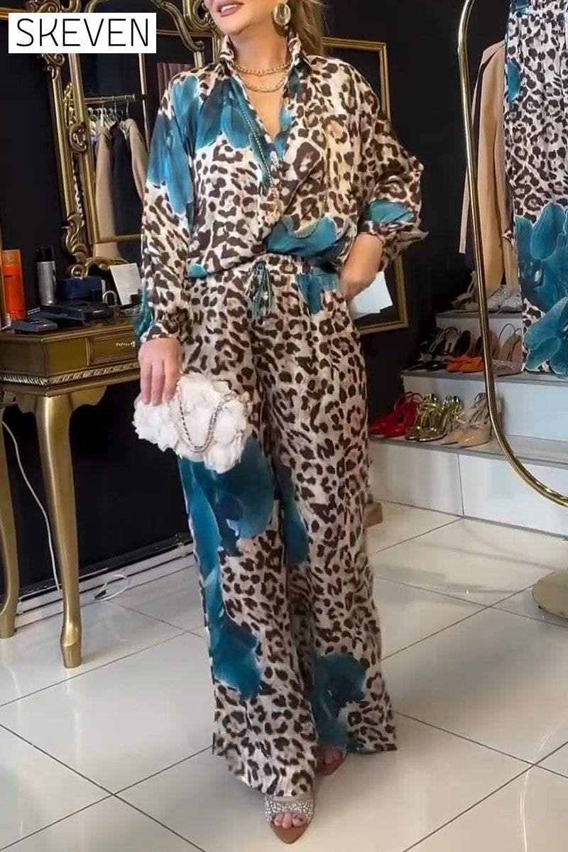 Women's V-neck Long-sleeved Leopard Print Two-piece Suit Sets Two Piece Suit