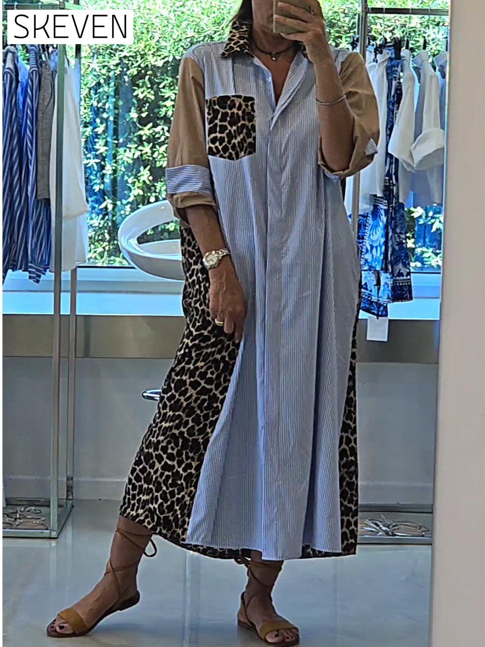 Women's Fashion Striped Stitching Leopard Print Contrast Color Dress Dress