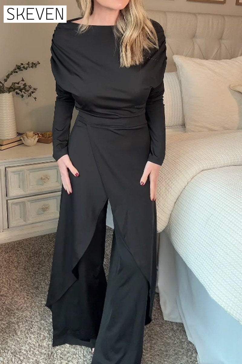 Women's One-shoulder Long-sleeved Split Design Temperament Jumpsuit Sets Two piece sets