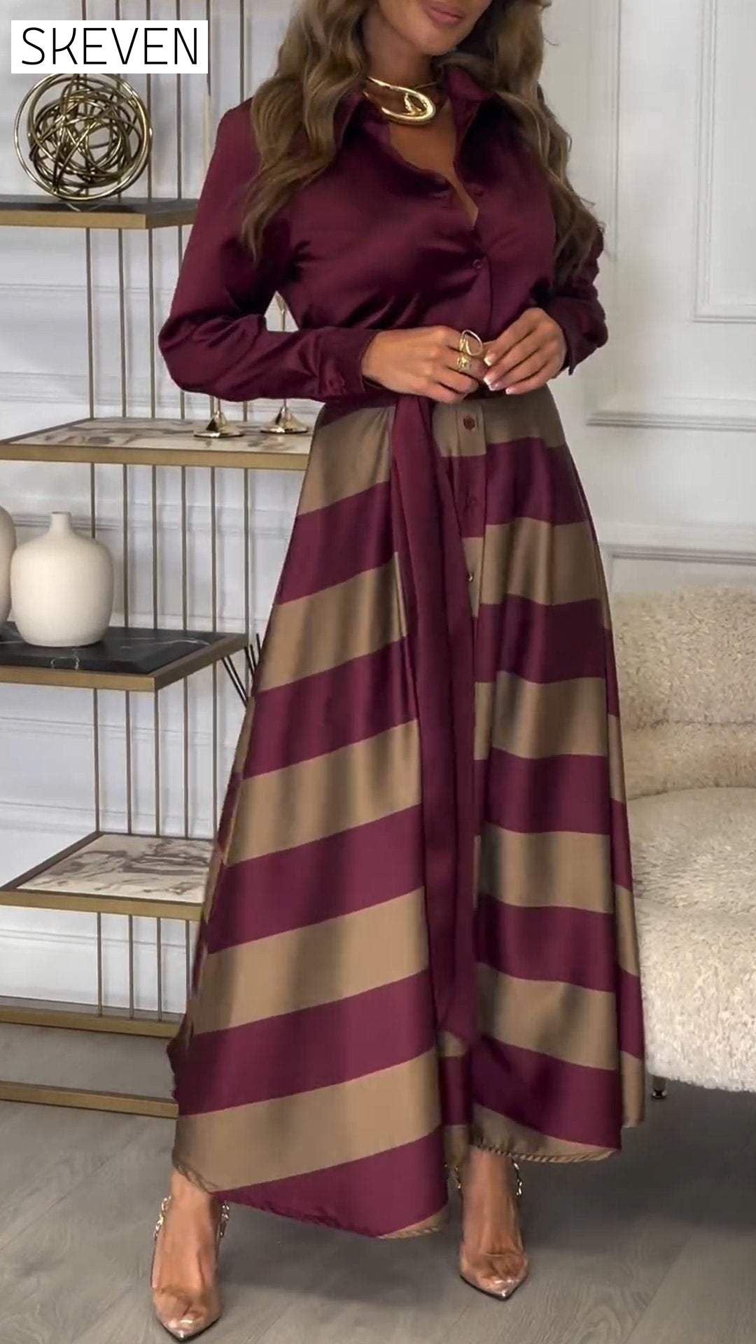 Women's Lapel Long Sleeve Striped Stitching Temperament Dress dress