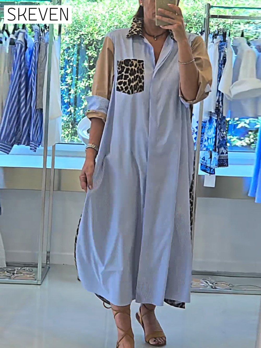 Women's Fashion Striped Stitching Leopard Print Contrast Color Dress Dress