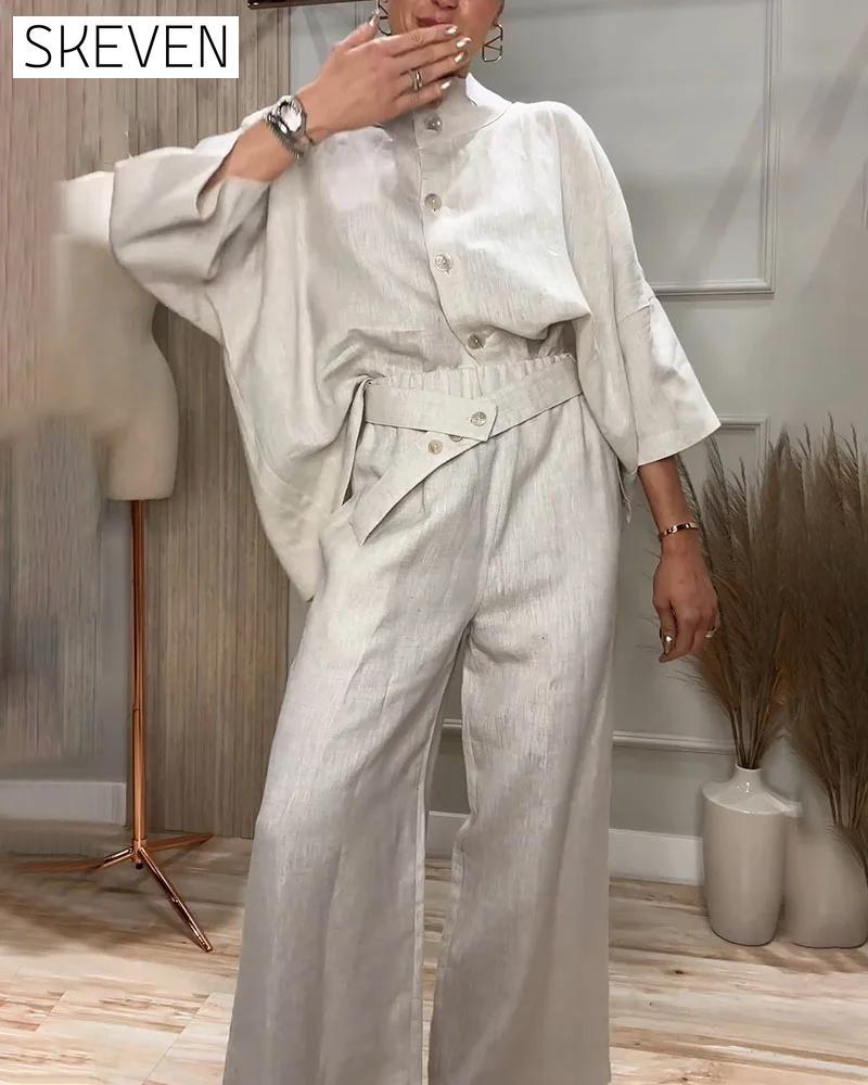 Stand Collar Design Casual Cotton and Linen Two-piece Set Set