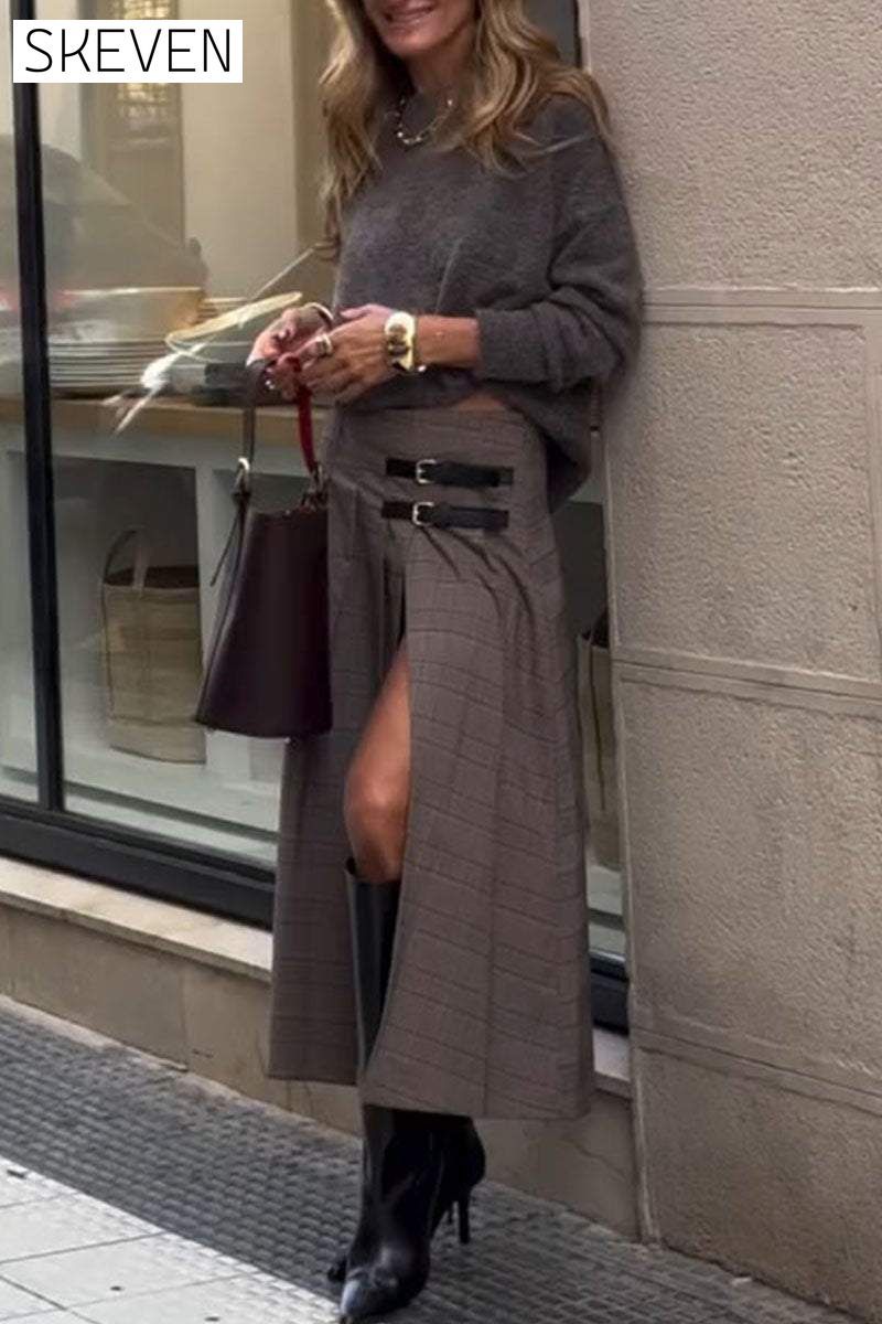 Women's Round Neck Long Sleeve Sweater and Slit Skirt Two-piece Set Set Two Piece Set