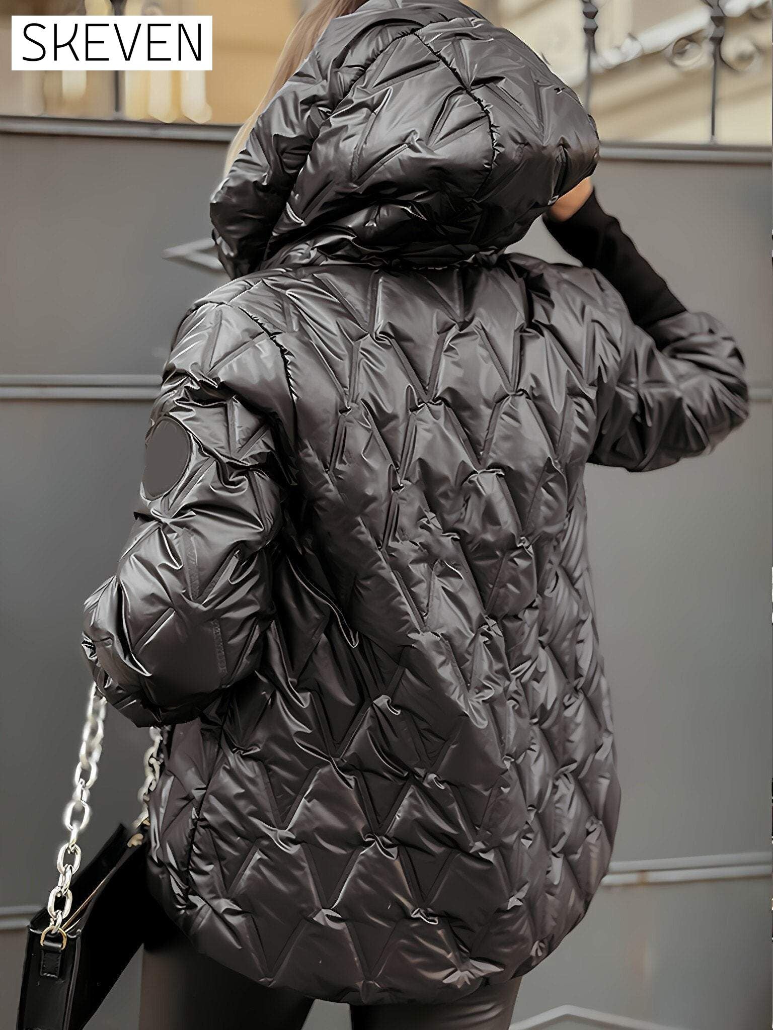 Women's Hooded Long-sleeved Autumn and Winter Diamond Patchwork Cotton Jacket Coats Tops
