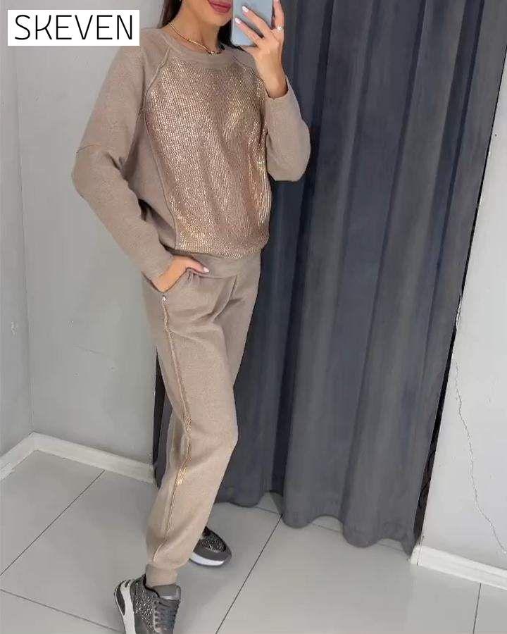 Women's Round Neck Long Sleeve Hot Diamond Casual Suit Sets Two piece sets