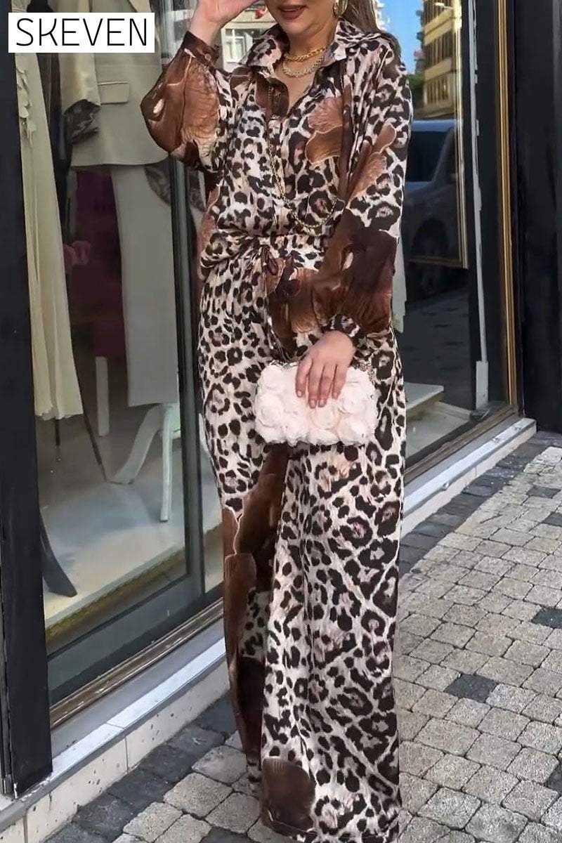 Women's V-neck Long-sleeved Leopard Print Two-piece Suit Sets Two Piece Suit