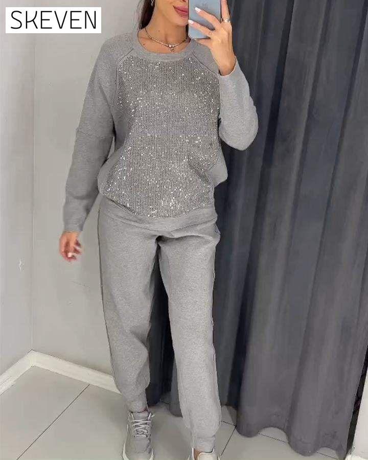 Women's Round Neck Long Sleeve Hot Diamond Casual Suit Sets Two piece sets