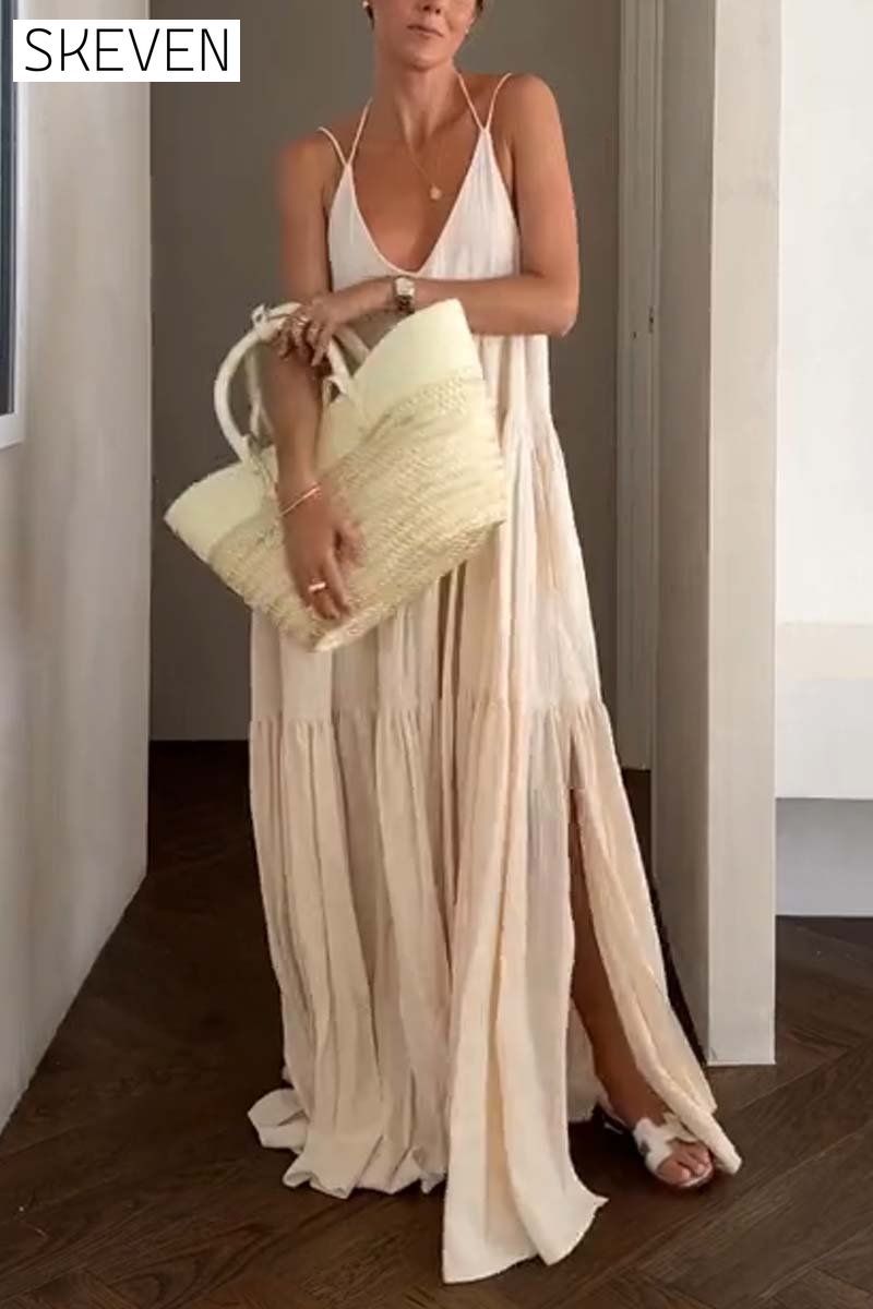 Women's casual solid color pleated beach strap maxi dress Dress