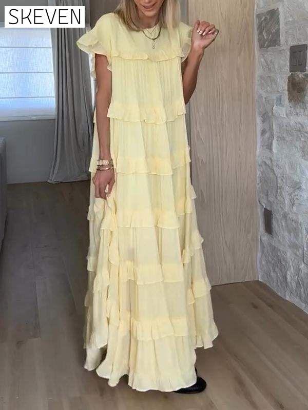 Women's Round Neck Solid Color Cap Sleeve Cake Dress Cotton Dress