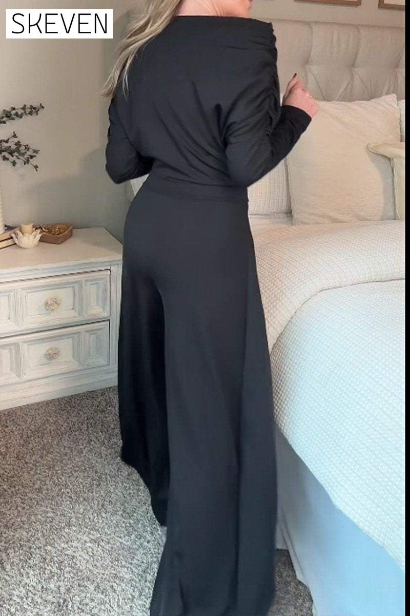 Women's One-shoulder Long-sleeved Split Design Temperament Jumpsuit Sets Two piece sets