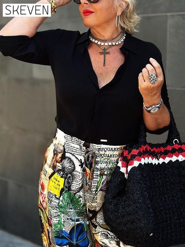 Women's Solid Color V-neck Shirt & Patterned Trousers Two-piece Set Set