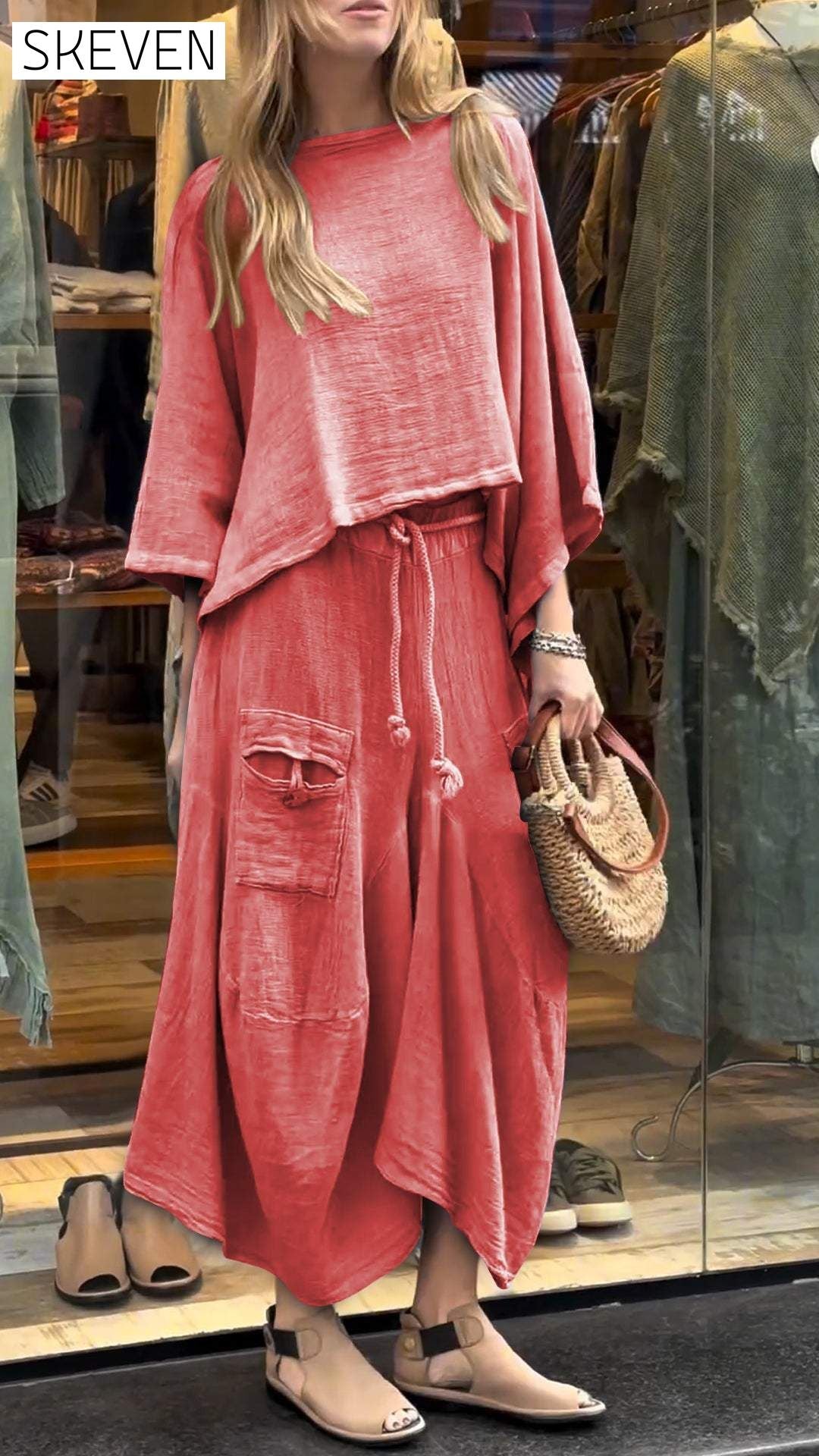 Women's Round Neck Mid-length Sleeve Casual Cotton and Linen Suit Suit