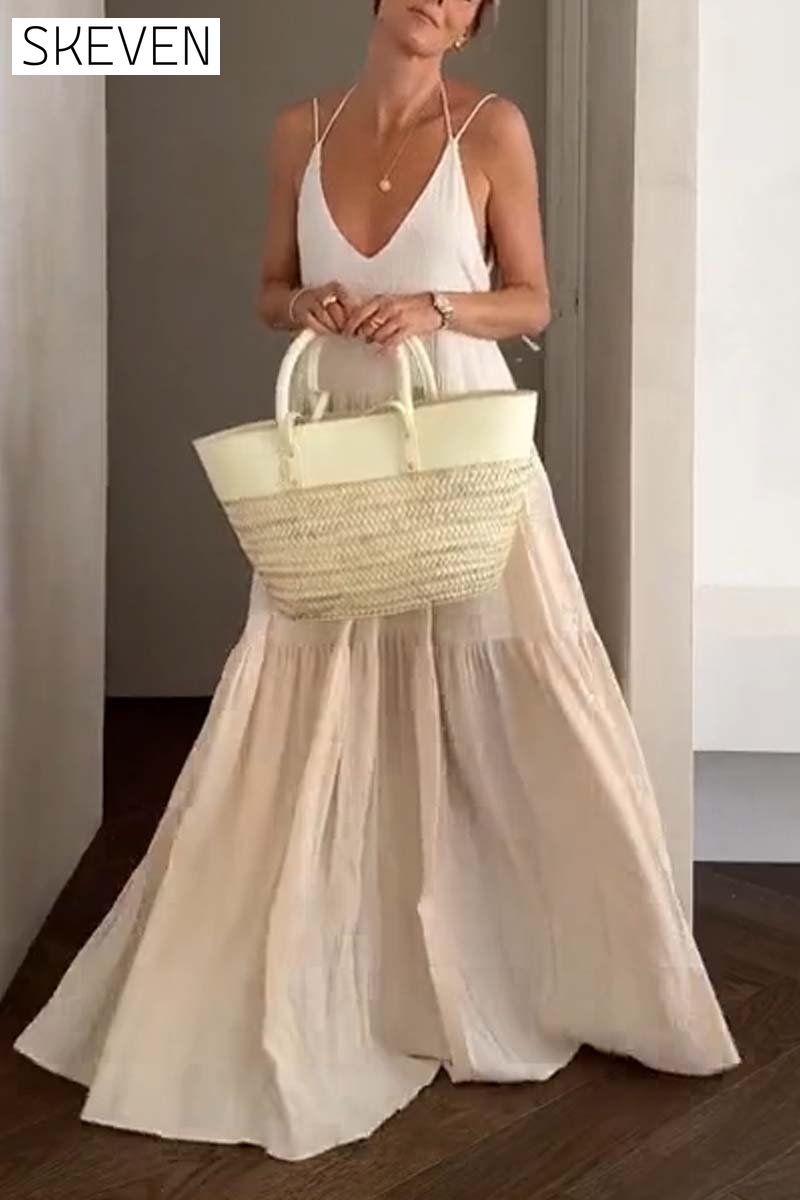 Women's casual solid color pleated beach strap maxi dress Dress
