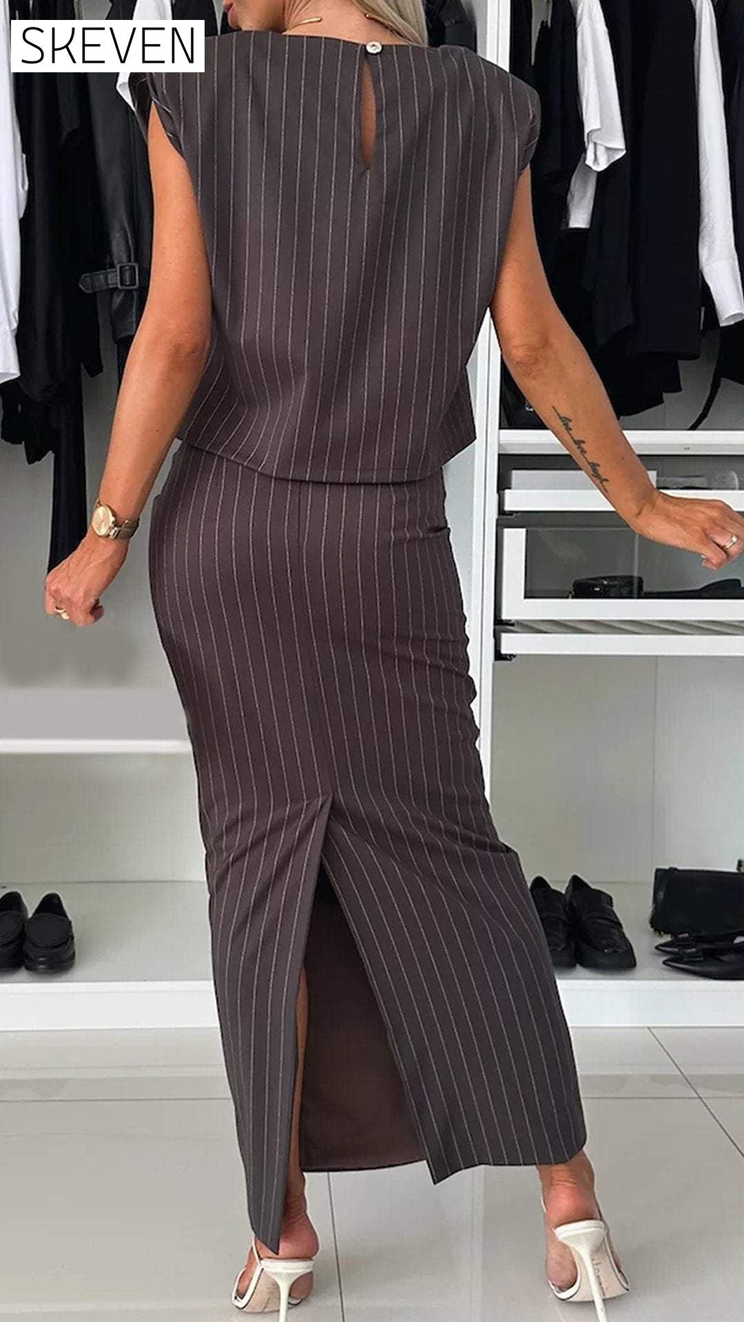 Women's Sleeveless Striped Elegant Commuter Suit Set
