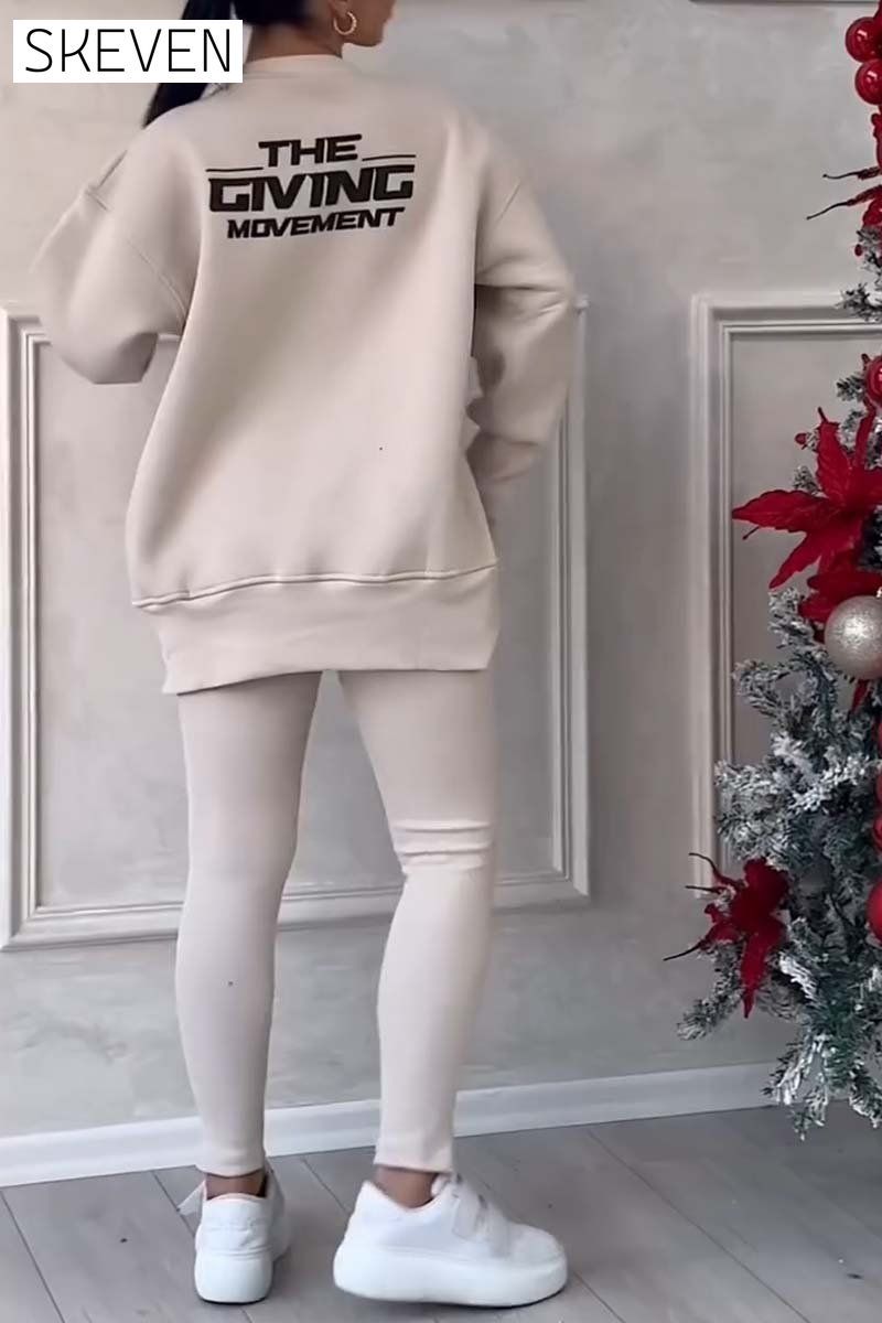 Women's Casual Solid Color Round Neck Long Sleeve Slit Hem Sweatshirt Leggings Set suit two-piece set