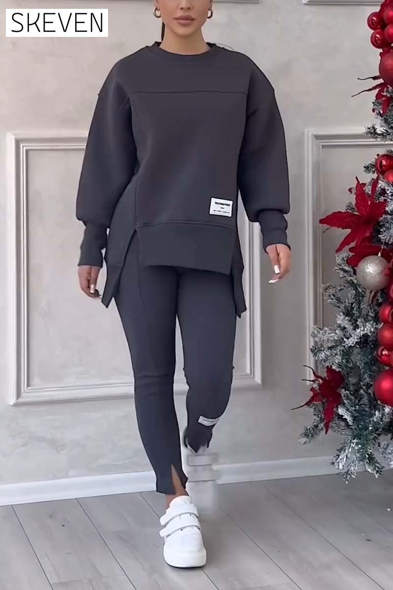 Women's Casual Solid Color Round Neck Long Sleeve Slit Hem Sweatshirt Leggings Set suit two-piece set