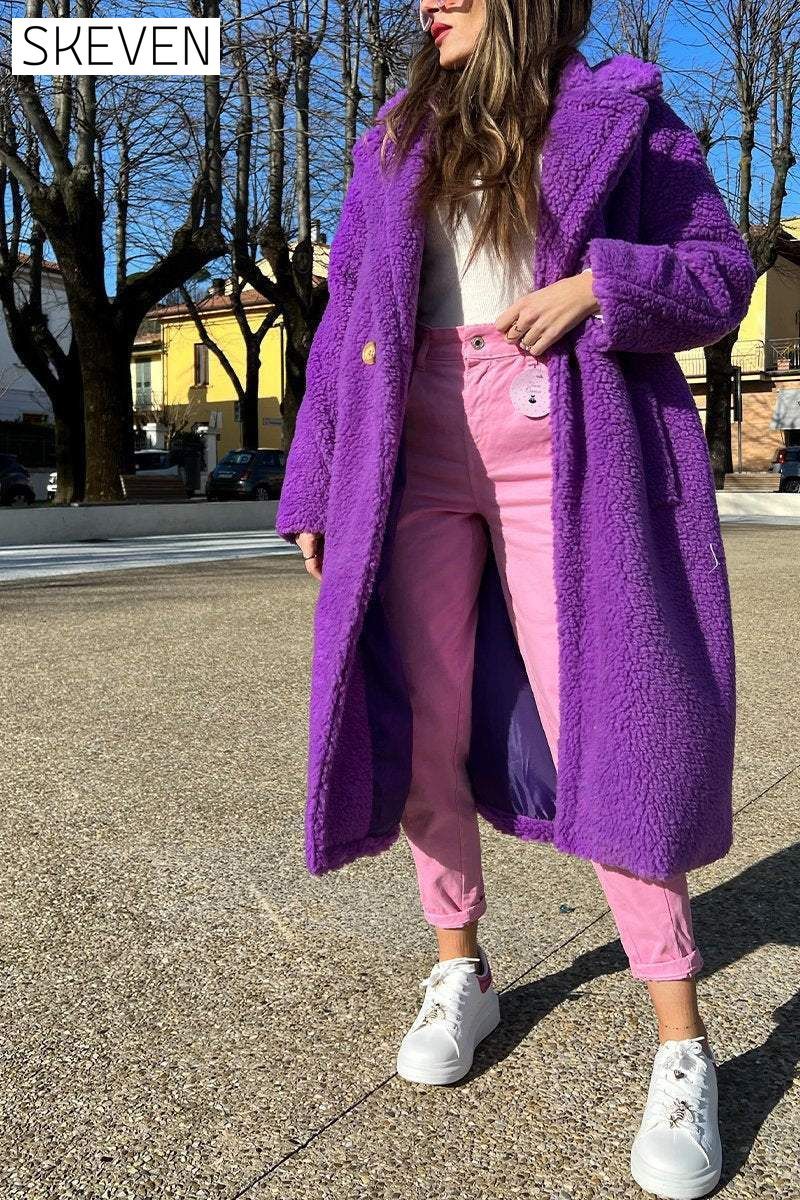 Women's Casual Lapel Long Fleece Coat Coats Cotton Top