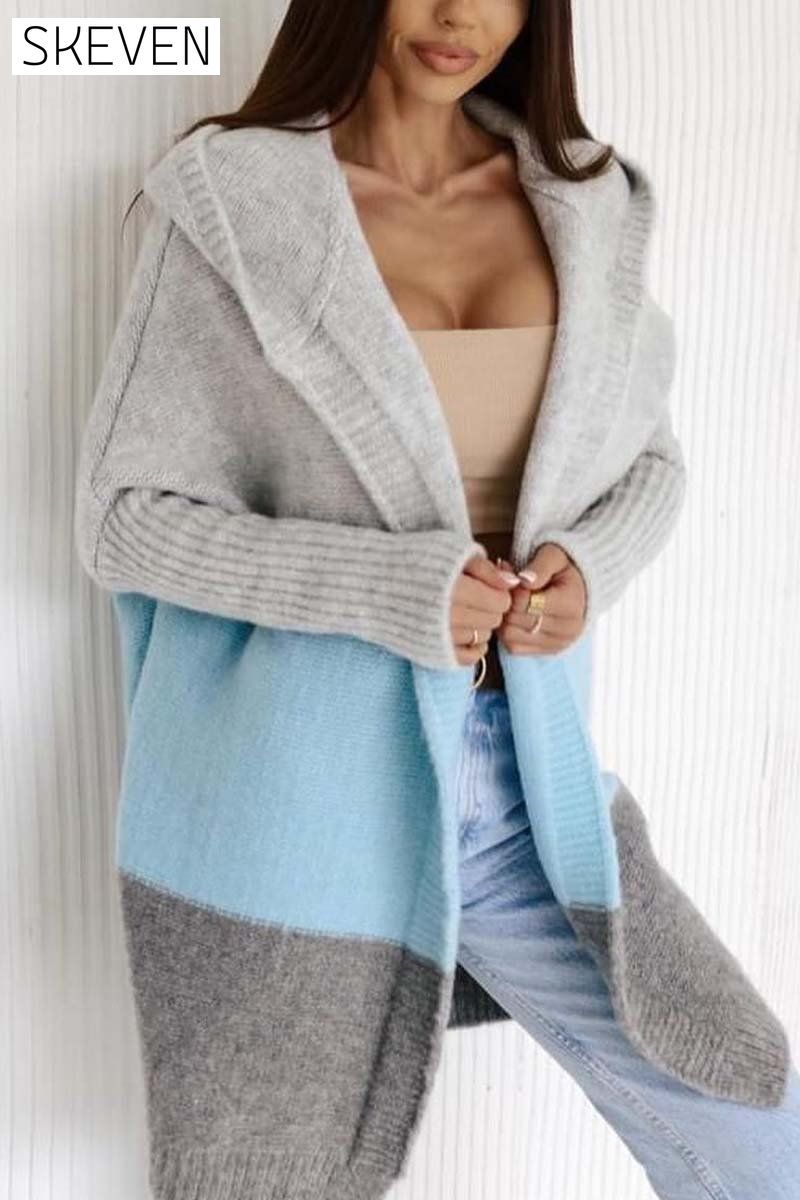 Women's Casual Contrast Color Hooded Sweater Cardigan Cardigans Coats Tops