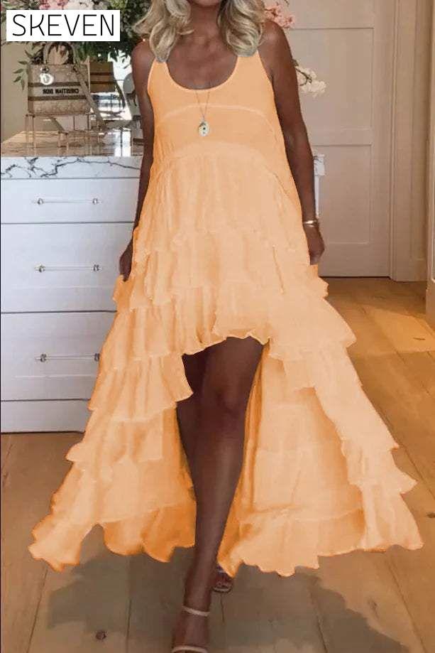 Women's cute short front and long back ruffle cake dress dress