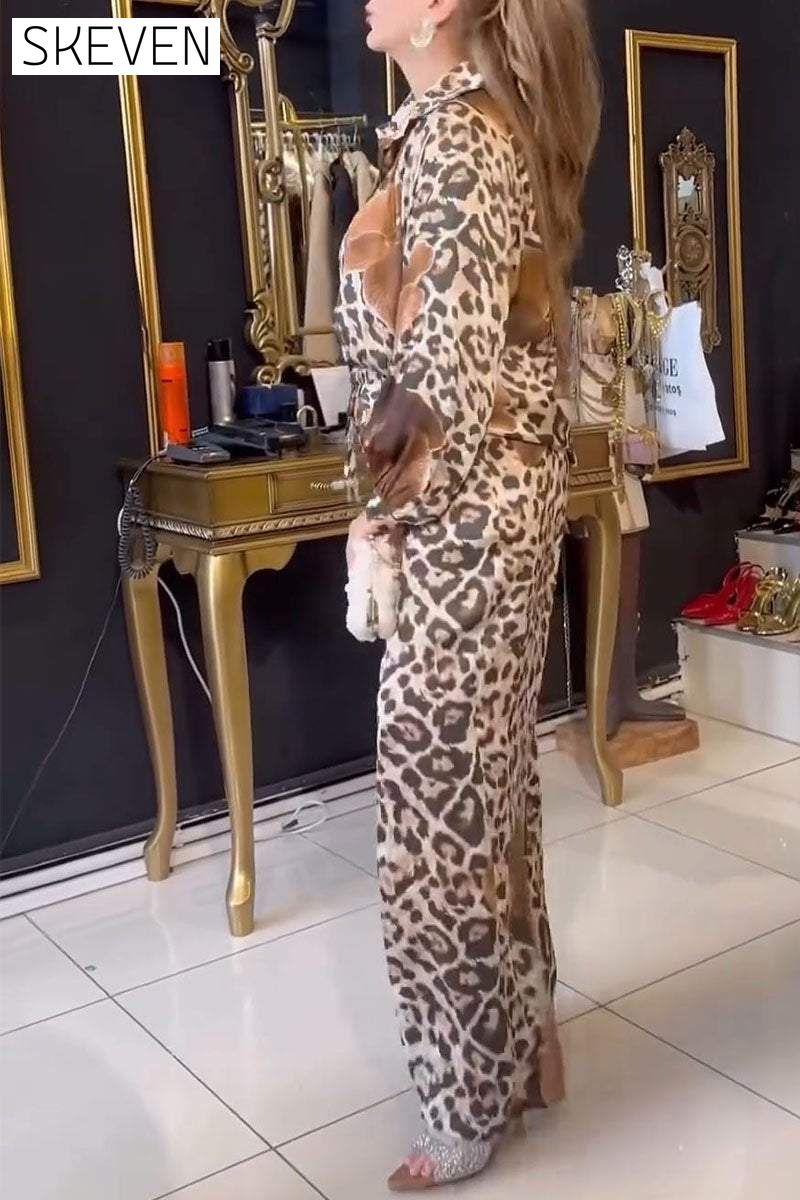 Women's V-neck Long-sleeved Leopard Print Two-piece Suit Sets Two Piece Suit
