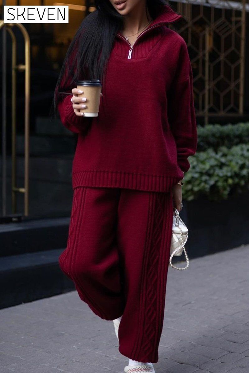Women's Half-zip Lapel Knitted Casual Sweater Suit Set Two Piece Set