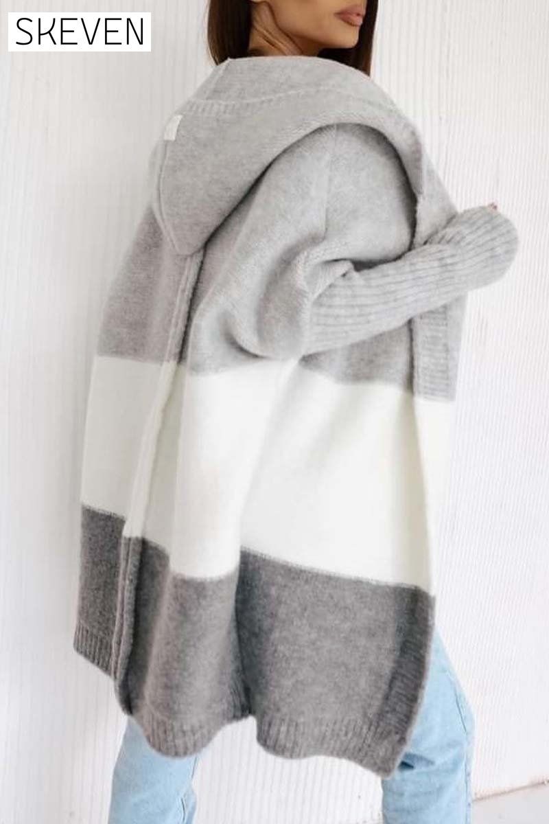 Women's Casual Contrast Color Hooded Sweater Cardigan Cardigans Coats Tops
