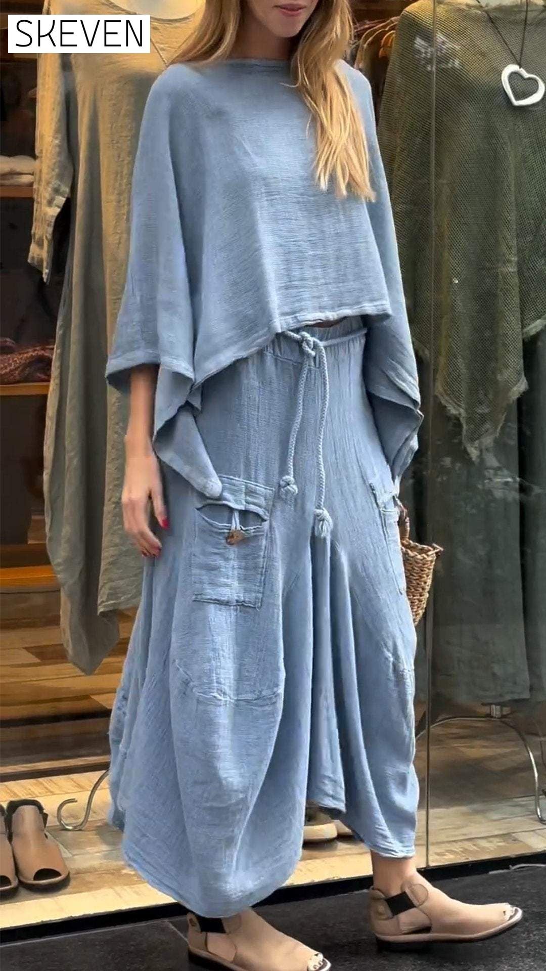 Women's Round Neck Mid-length Sleeve Casual Cotton and Linen Suit Suit