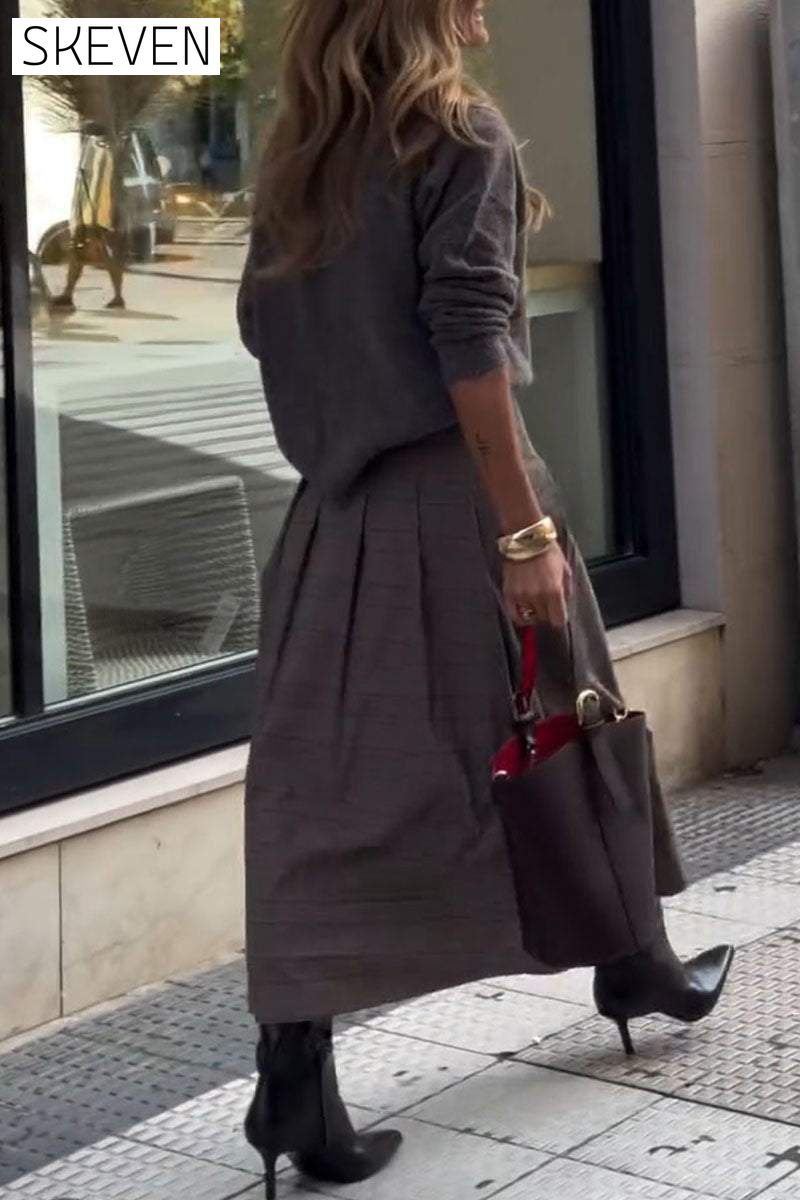 Women's Round Neck Long Sleeve Sweater and Slit Skirt Two-piece Set Set Two Piece Set